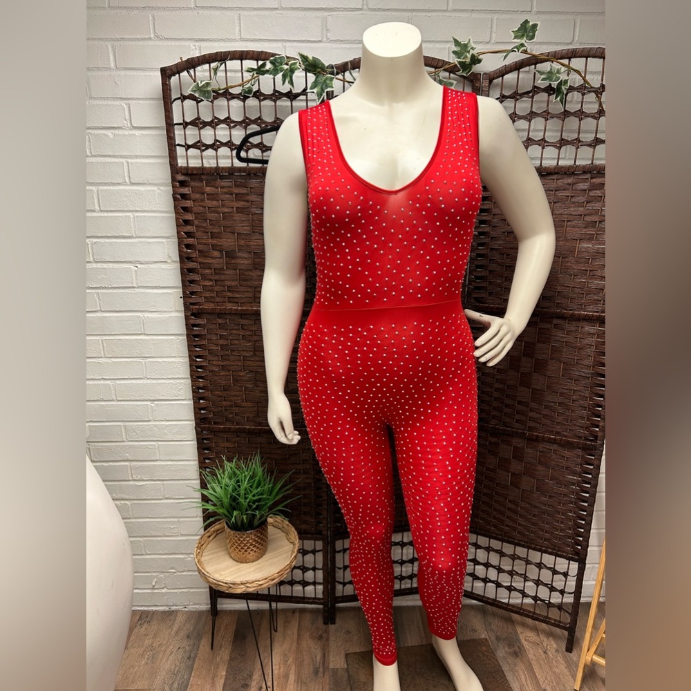 Red Sheer,Stretchy,Rhinestone Jumpsuit,romper,party like pants